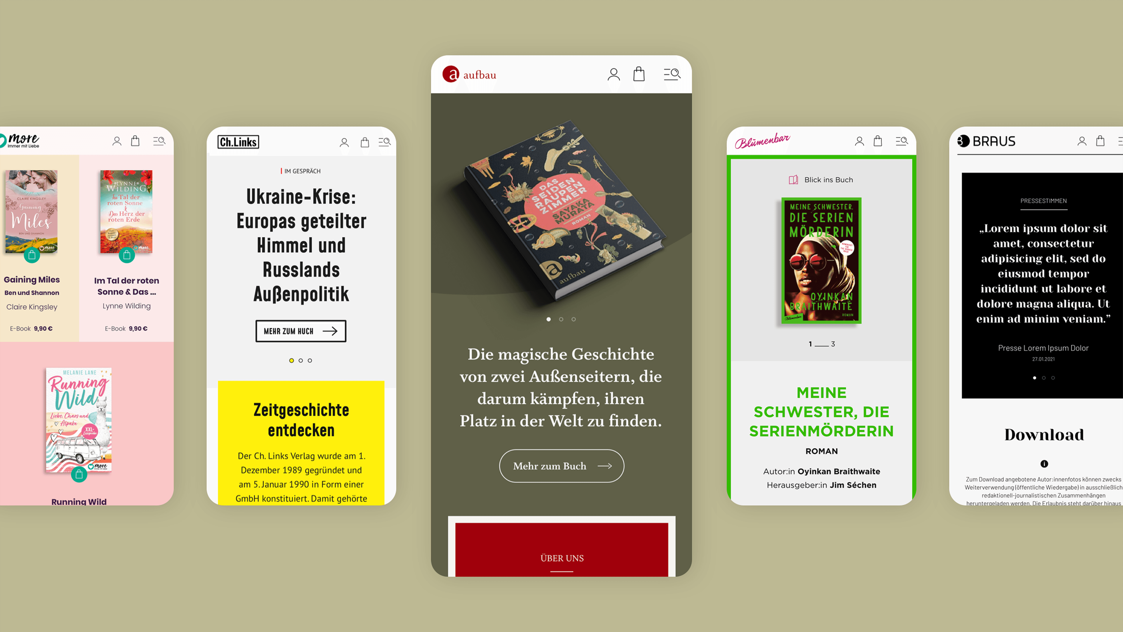 Darstellung mehrerer mobiler Verlagswebsites mit Buchcovern, Presseinformationen und Inhalten zu Neuerscheinungen.