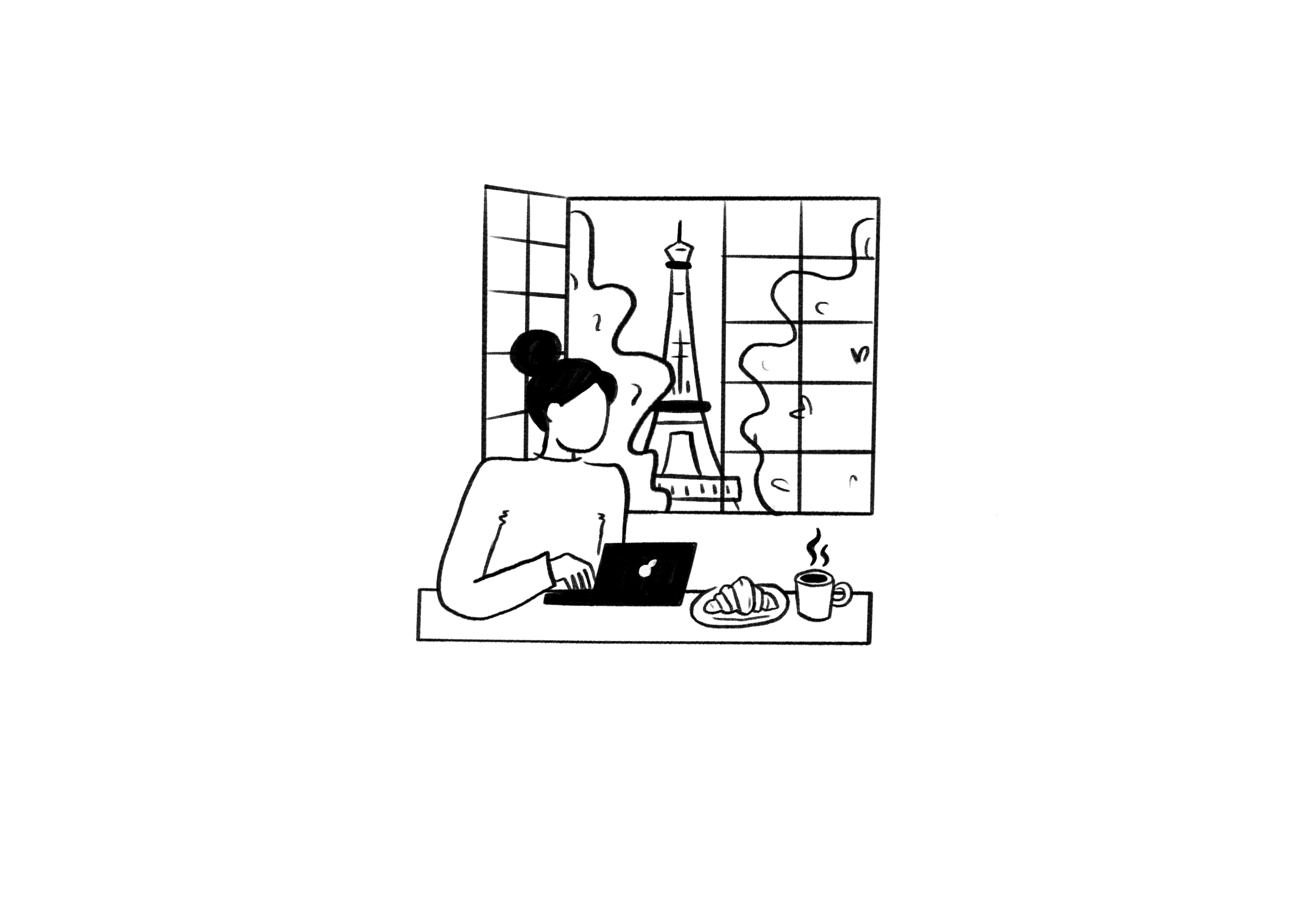 Illustration von eine Person am Laptop und im Hintergrund ist der Eiffelturm zu sehen.