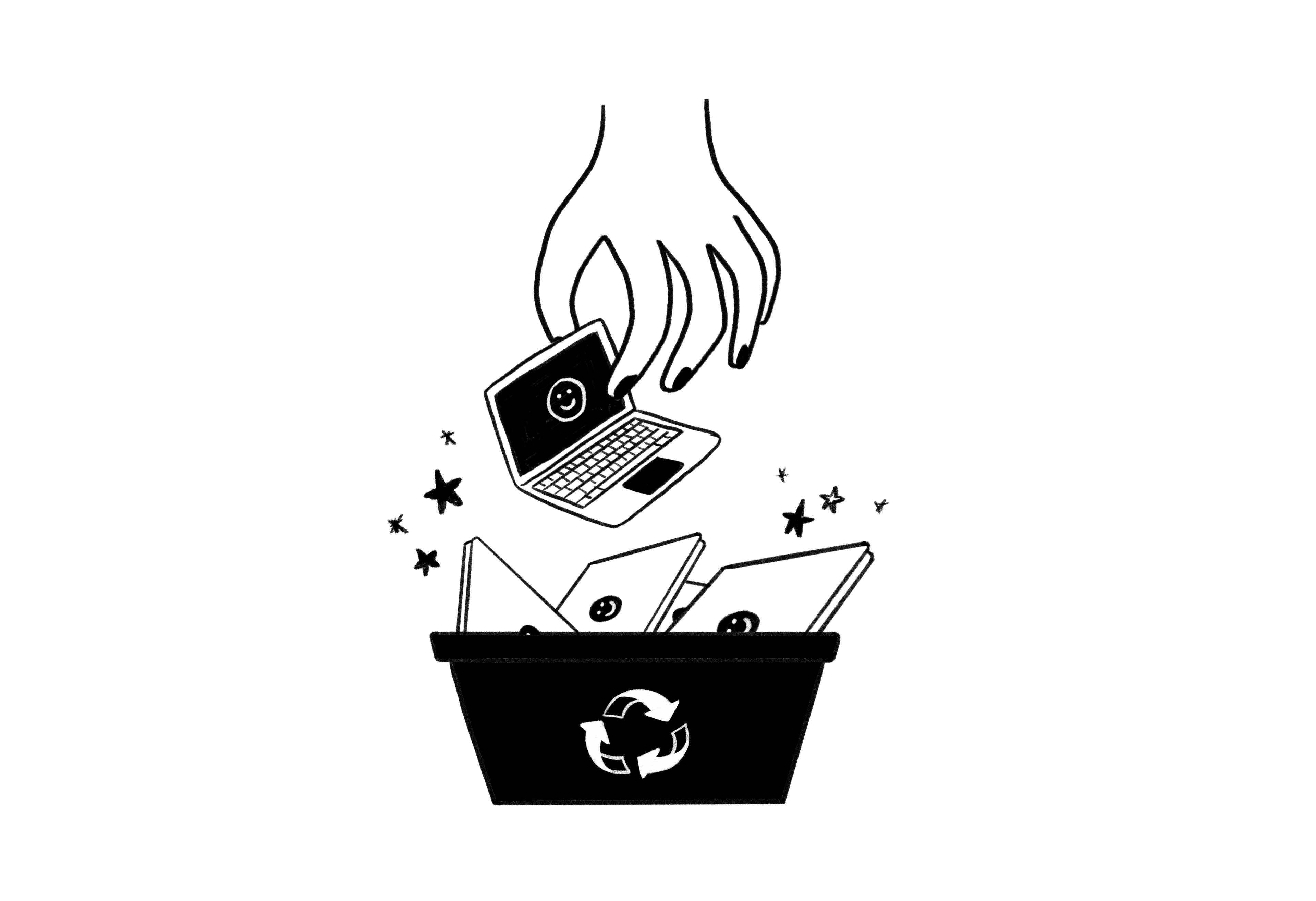 Illustration zeigt einen Recyclingeimer mit Elektrogeräten.