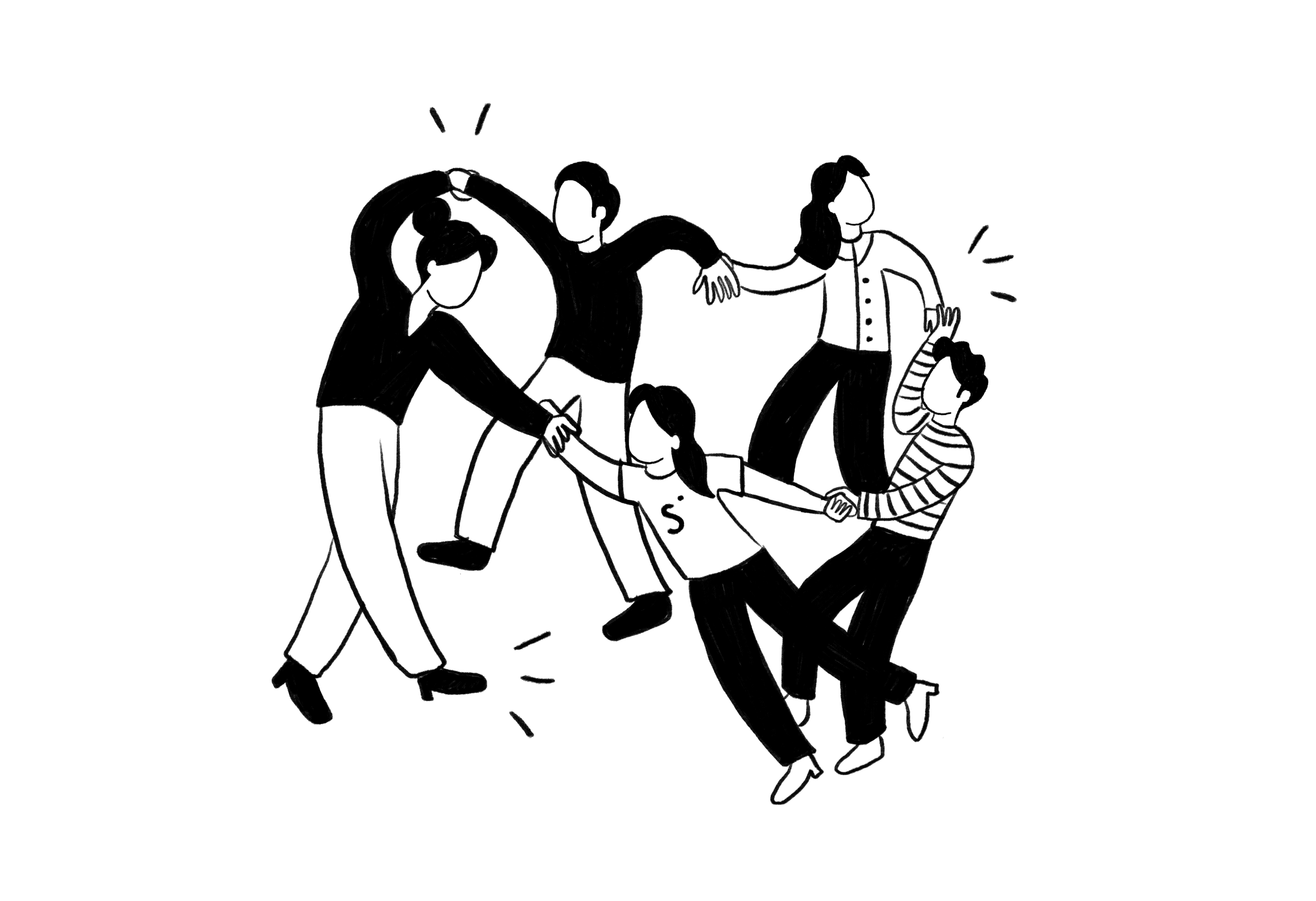 Illustration von mehreren Personen, die im Kreis sich bewegen und an den Händen halten.