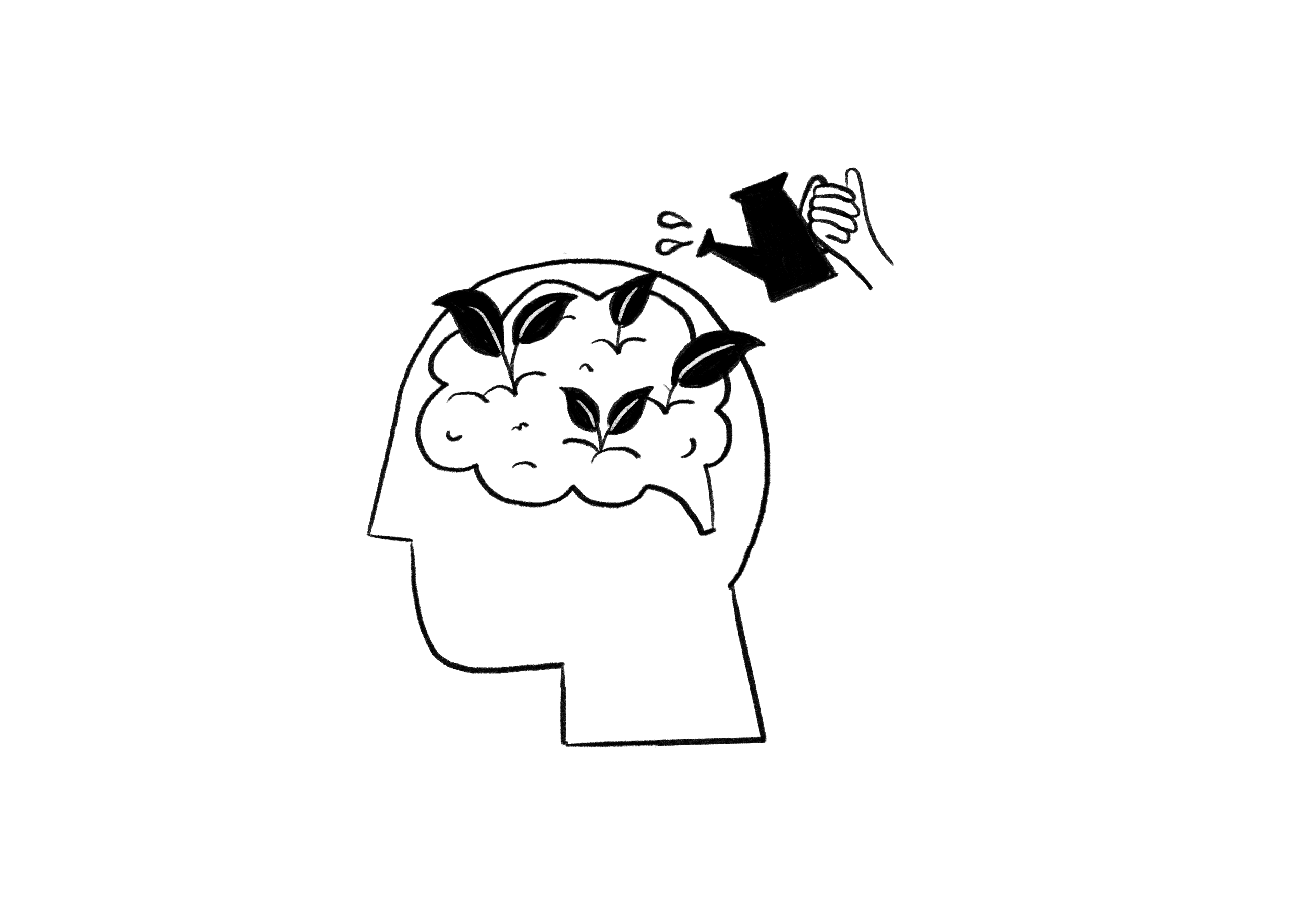Illustration von Pflanzen, die aus einem Gehirn kommen und die mit einer Gießkanne gegossen wird.