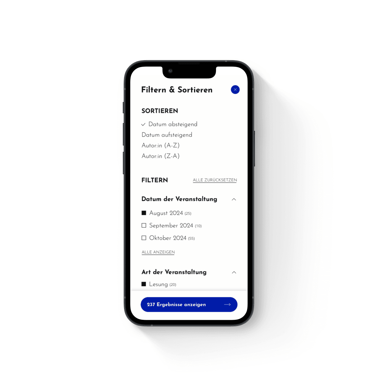 Mobile Mock-Up zeigt einen offenen Filter.