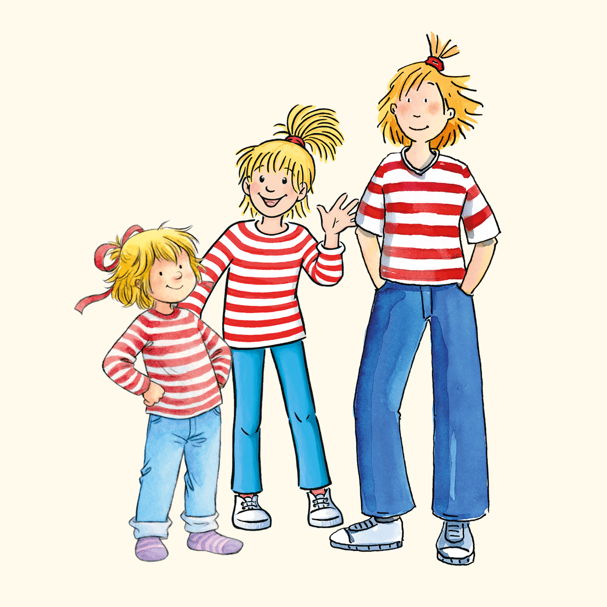 Illustration von der Figur Conni in 3 verschiedenen Altersstufen.