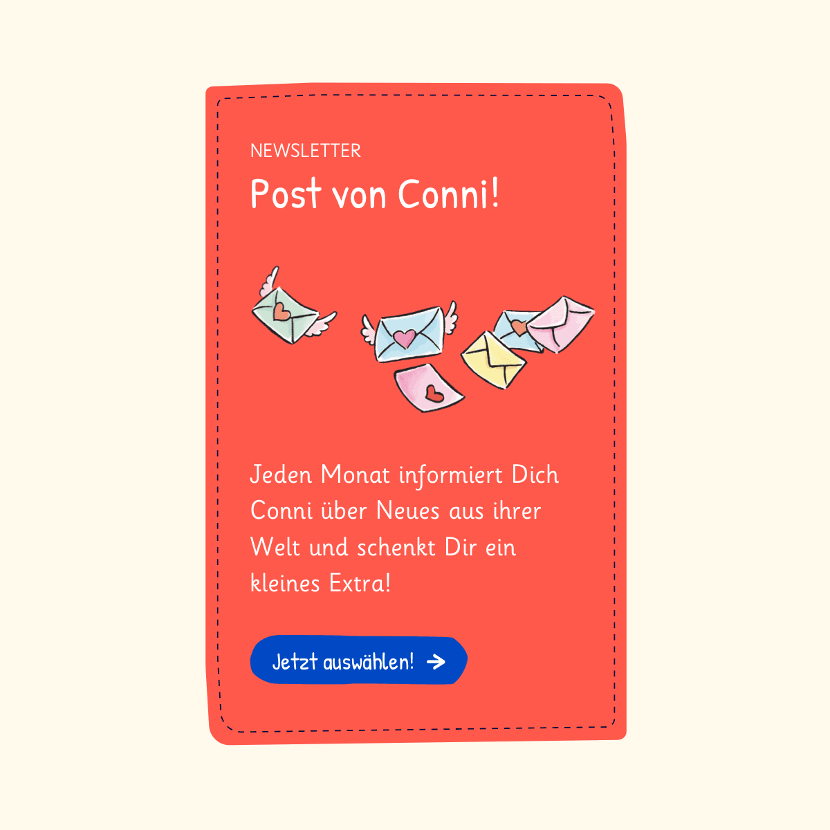 Teaser für eine Newsletter-Anmeldung verziert mit Illustrationen von flatternden Briefen.