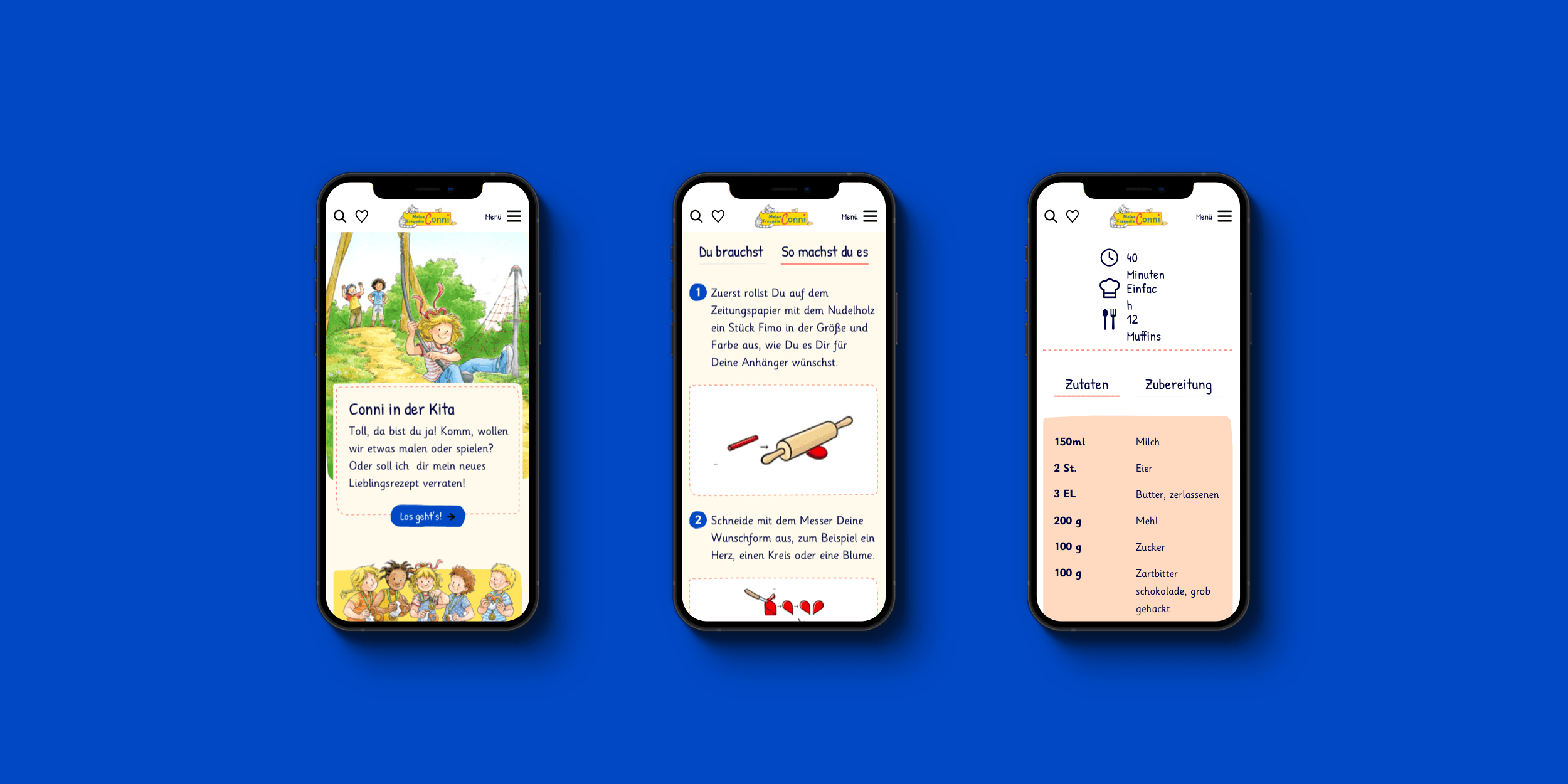 3 Mockups von Handy mit verschiedenen Designs.