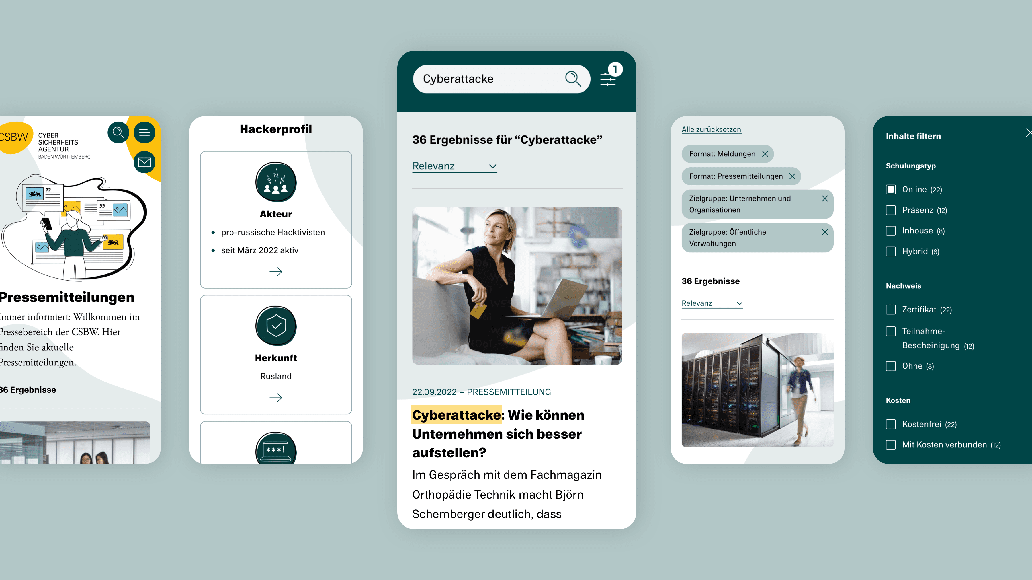 5 Mobile Screens zeigen die Designs. Der Screen in der Mitte ist größer skaliert und sticht hervor.