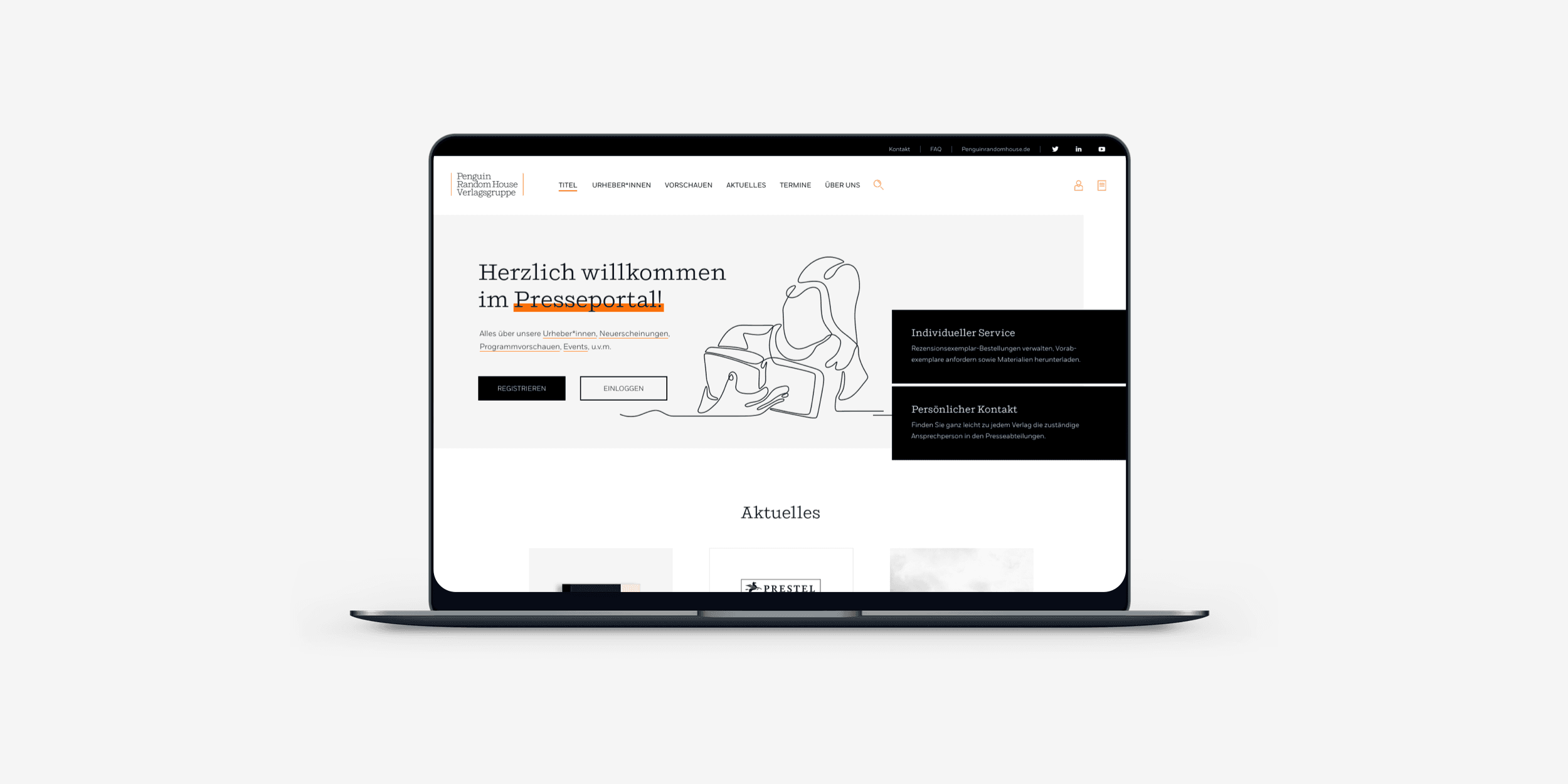 Laptop Mock-Up zeigt die Startseite des Presseportals.