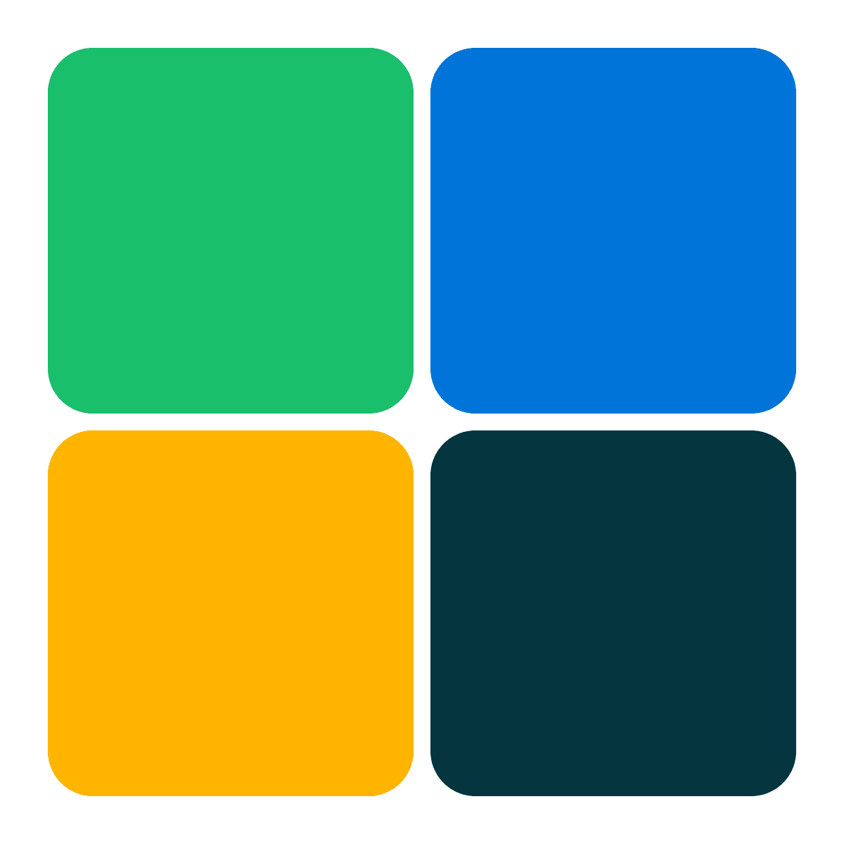 Die 4 Hauptfarben grün, blau, gelb und blauschwarz in abgerundeten Quadraten abgebildet.