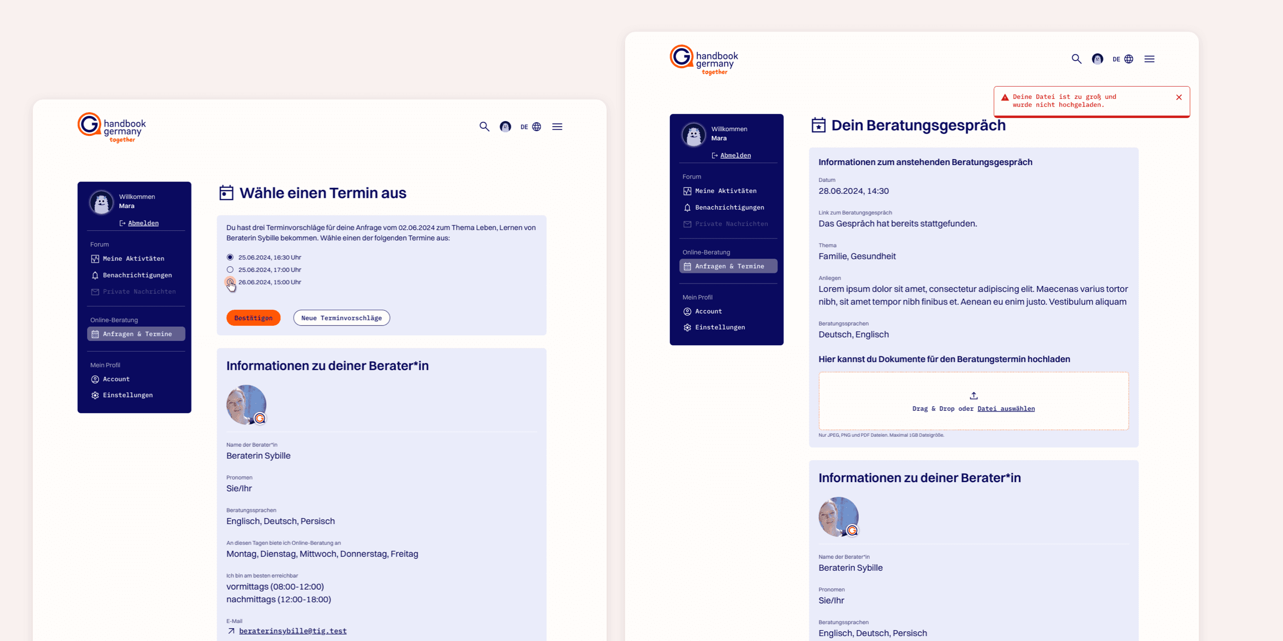 Es werden zwei Screens leicht versetzt nebeneinander gezeigt, die die Designs für die Onlineberatung samt Terminauswahl zeigen.