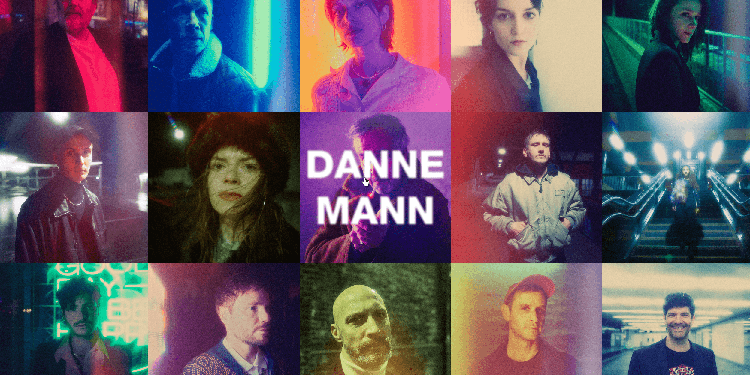 Das Bild zeigt mehrere Portraits mit drüber gelegten Filtern. Ein Bild zeigt einen Hover-Effekt, dass den Namen der gezeigten Person enthüllt.