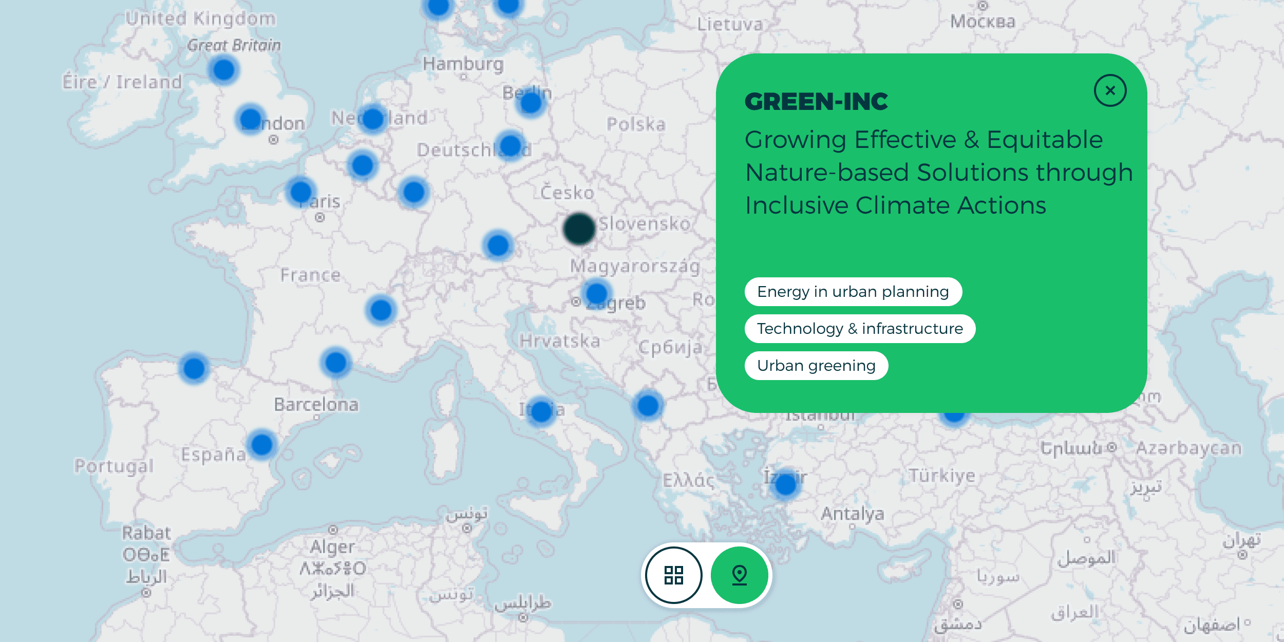 Interaktive Europakarte mit zahlreichen Standorten und einem eingeblendeten Projekt zu inklusiven, naturbasierten Lösungen für den Klimaschutz.