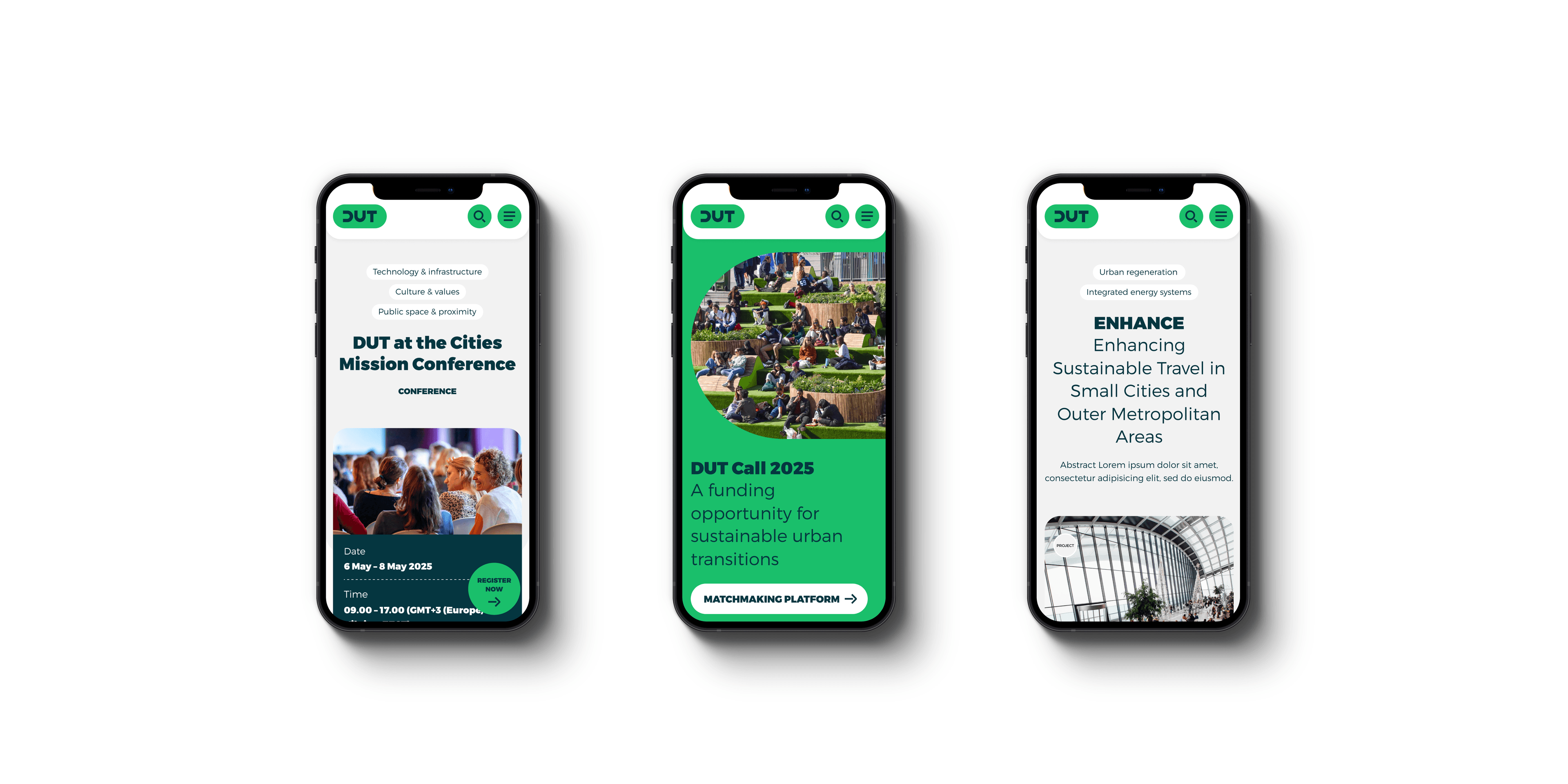 Drei Smartphone-Mockups zeigen verschiedene Seiten der DUT-Website zu Konferenz, Förderung und nachhaltigem Reisen.