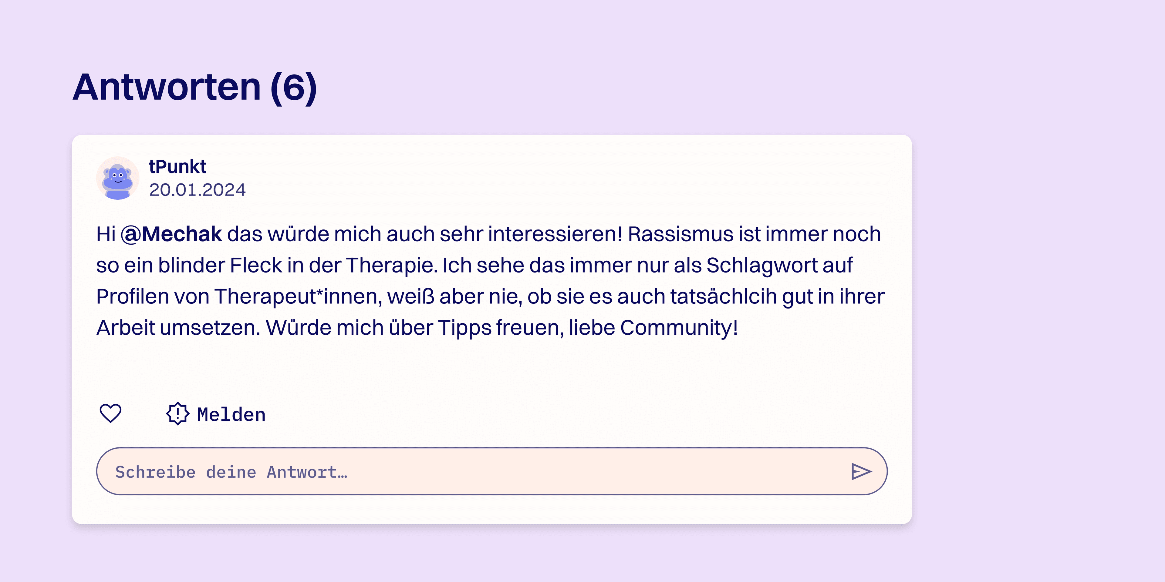 Ein Auszug der Antworten. Ein Kommentar über Rassismus in der Therapie mit Eingabefeld für eine Antwort.