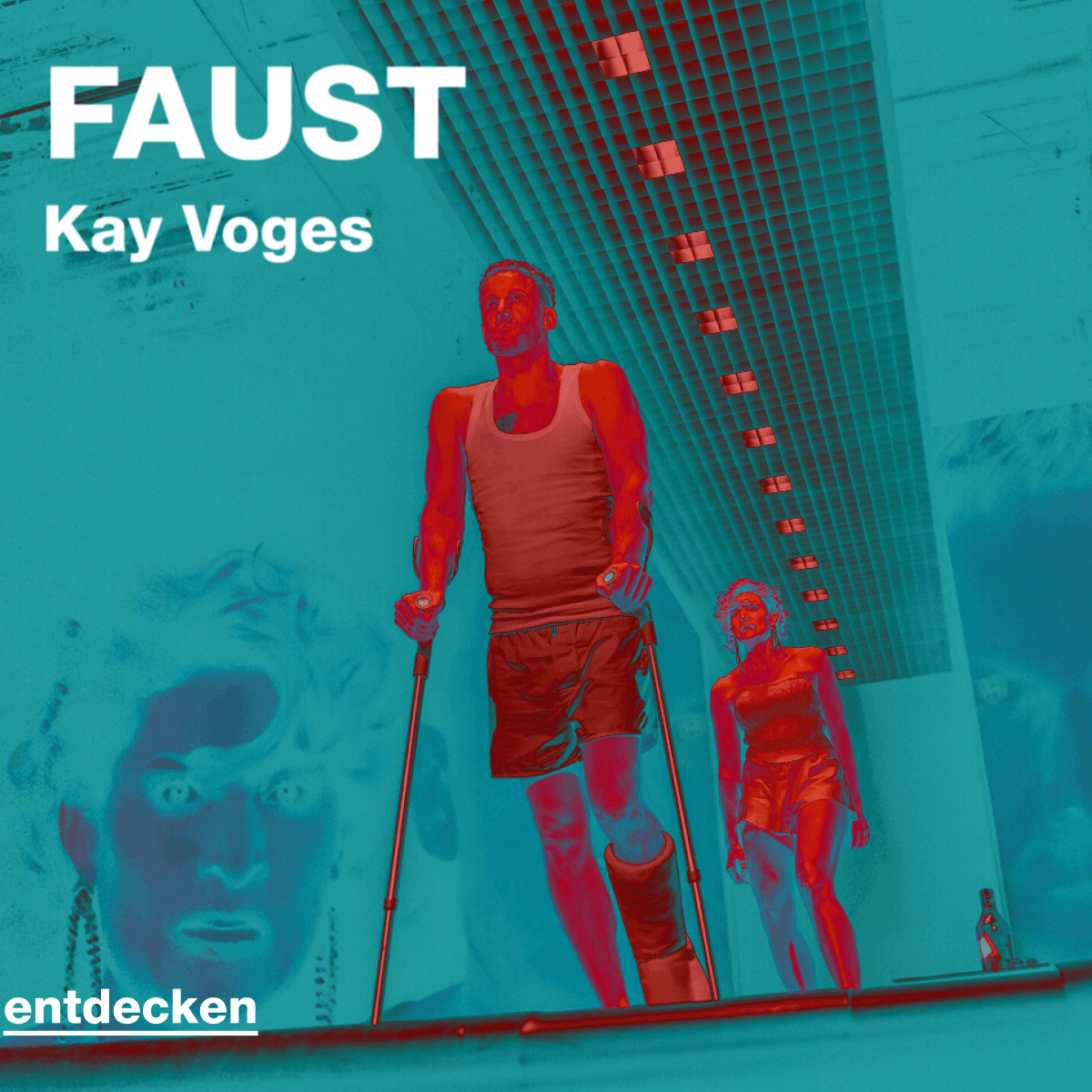 Theatermotiv zu „Faust“ von Kay Voges: Ein Mann auf Krücken und eine Frau stehen auf einer Bühne vor einer großflächigen Projektion.